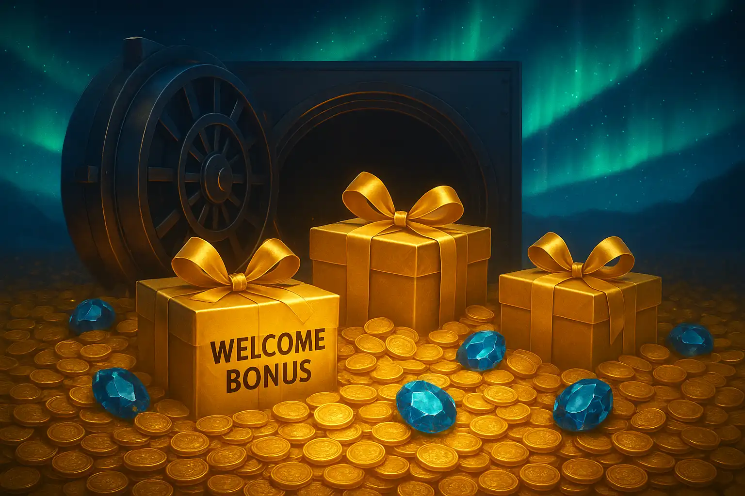 JossCasino bonus vault glowing with gold and sapphire northern lights